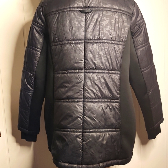 Michael Kors Black Camo Embossed Long Puffer Coat. Parka Faux Fur - Picture 5 of 13